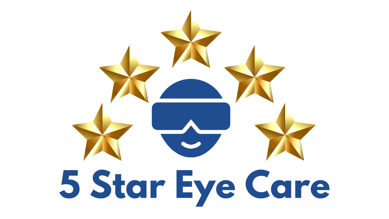 5 gold stars around round blue face with goggle type glasses. Words below: 5 Star Eye Care